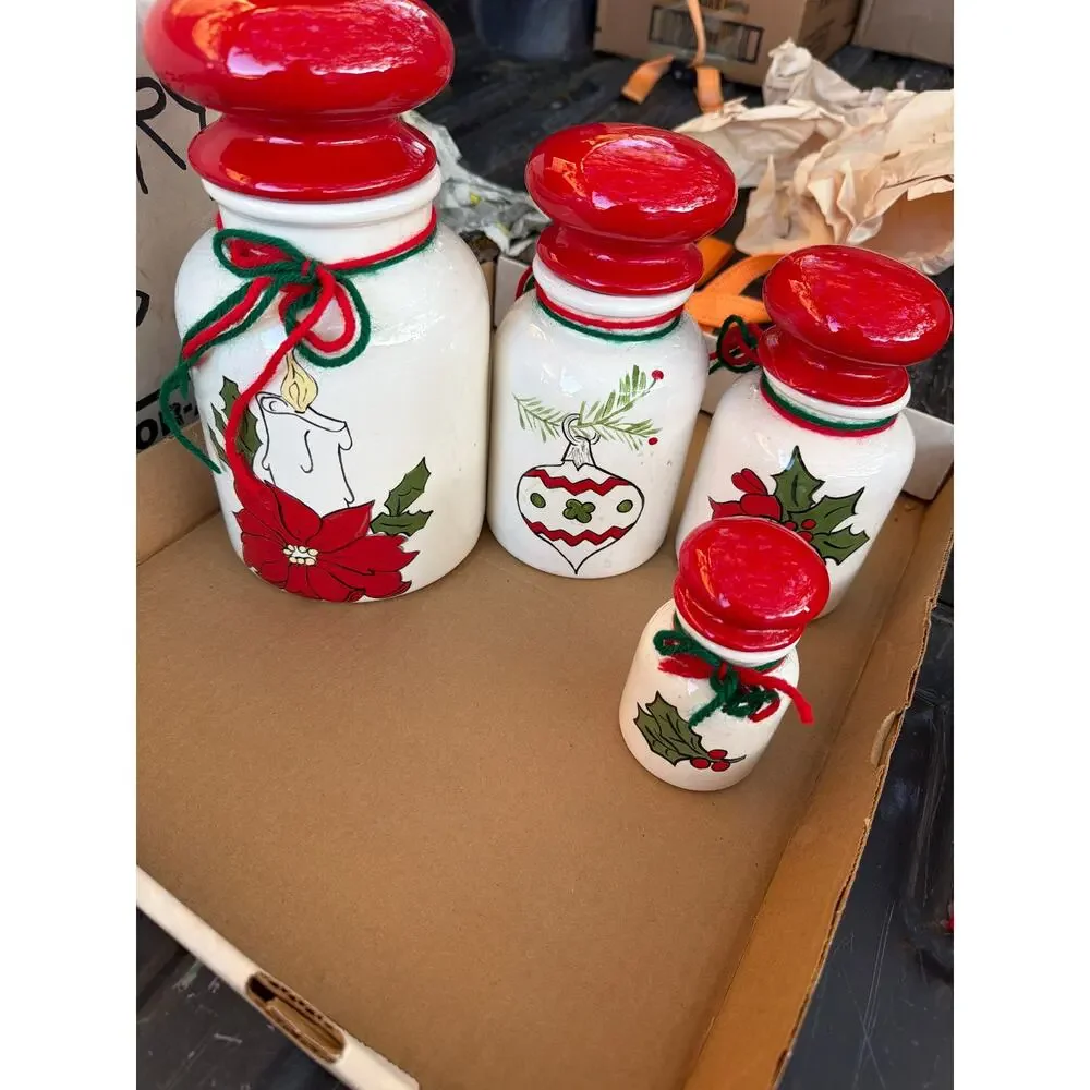 Christmas Canister Set Ceramic Holiday Jars  Lid Poinsettia Holly Decor Set of 4